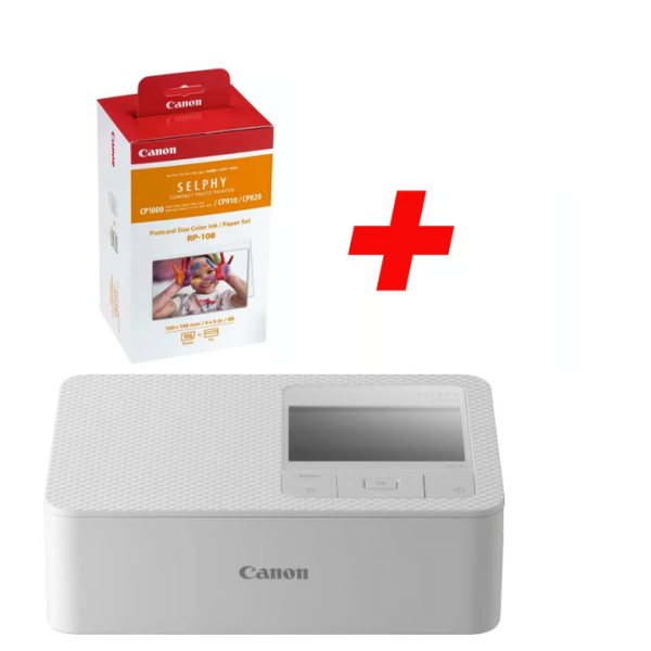 Canon SELPHY CP1500 Colour Portable Photo Printer - White + Canon RP-108 Colour Ink + 100 x 148 mm Paper Set, 108 Sheets
