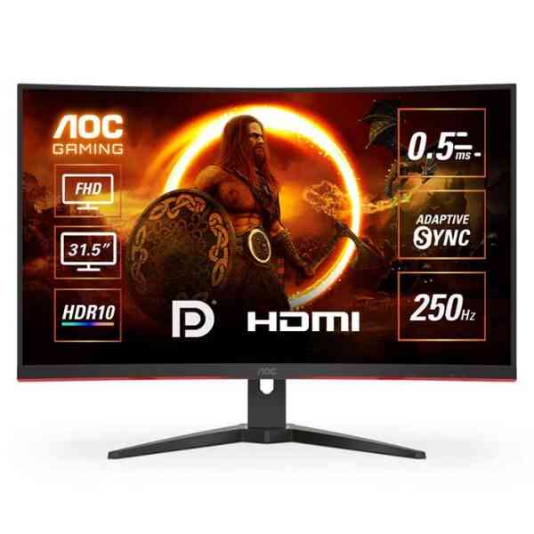 AOC C32G2ZE2 Curved Gaming Monitor 31.5-inch Full HD 1920×1080, HDR10, VA Panel Type, 250Hz Refresh Rate, 0.5ms Response Time, Adaptive Sync Technology – Black & Red