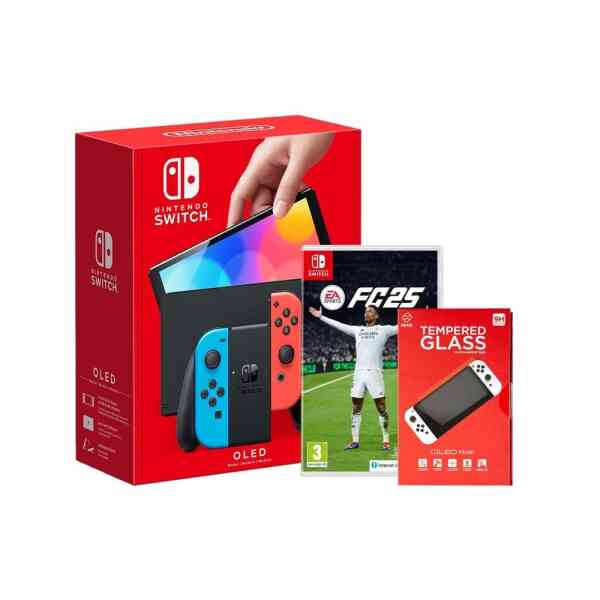 Nintendo Switch OLED Console with Neon Joy-Con, EA Sports FC 25, and a Screen Protector Bundle