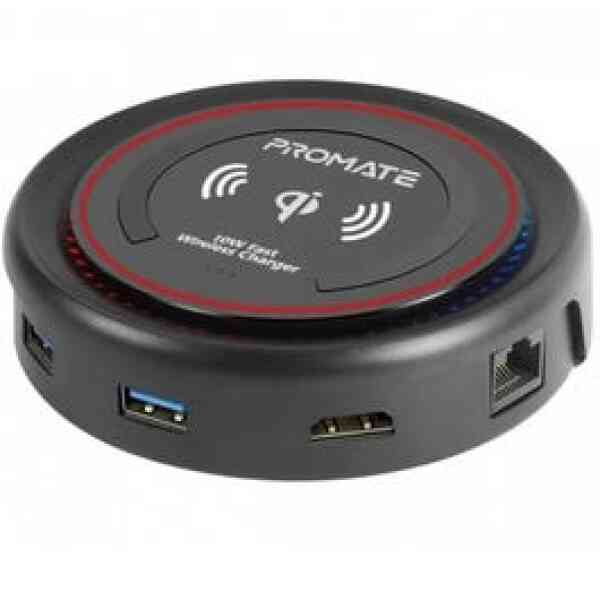 Promate All In One USB-C Hub With 100W Power Delivery , 10W Wireless Charging, 4K HDMI