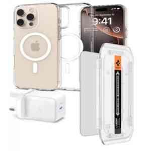 Spigen Case Magfit Crystal/HD Screen Protector/Wall Charger iPhone 16 Pro Bundle