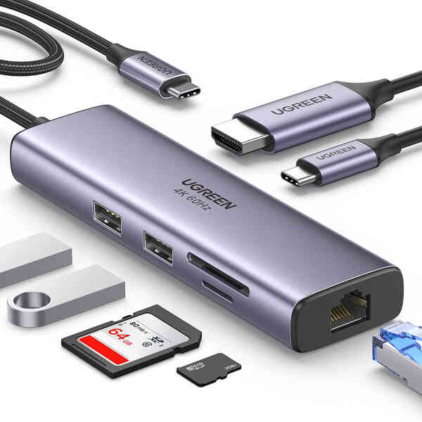 Ugreen 7-in-1 USB C Hub 4K@60Hz Type C to HDMI Dongle with Gigabit Ethernet, USB 3.0 Ports, 100W PD, SD/TF Card Reader, USB-C Dock for Steam Deck, MacBook Pro/Air M1 2022/2021,...